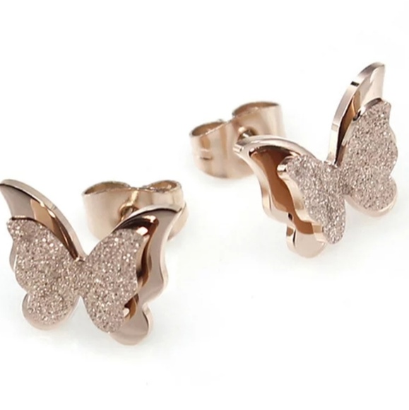 Jewelry - Rose gold stainless steel butterfly earrings.